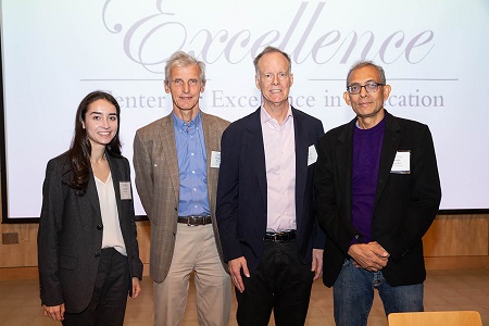 Nobel Laureates Dr. Ketterle, Dr. Kaelin, Dr. Bannerjee with moderator Danielle Paulson (left)